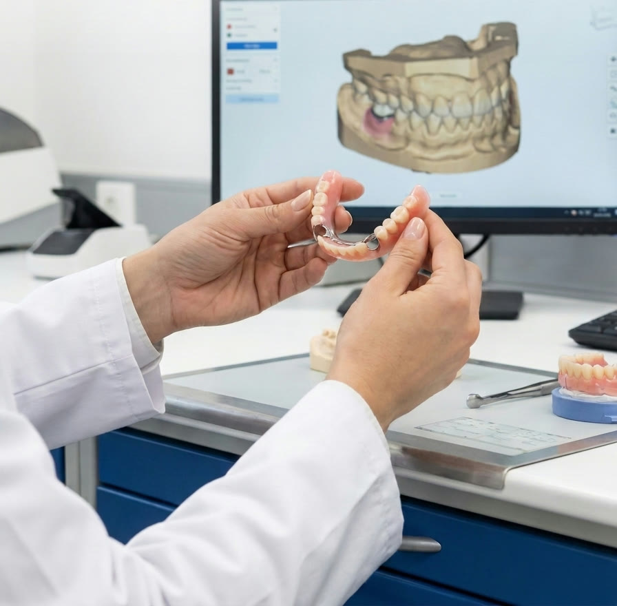 A denture being checked against its model in the laboratory